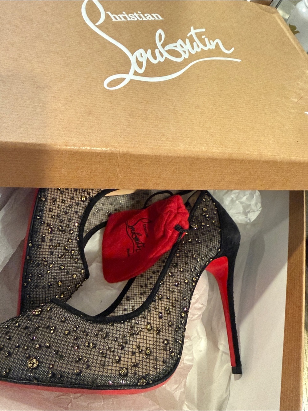 Christian Louboutin Black Mesh and Gold-Accented Pointed Pumps - Picture 8 of 8
